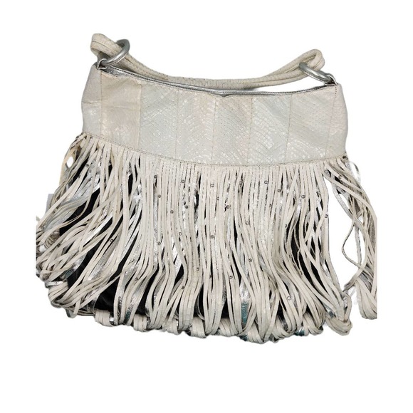 Katherine Kwei Eternity Knot Fringe Snakeskin Silver Handbag - Picture 5 of 12